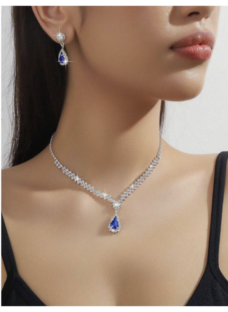 ڤيا طقم قلادة وأقراط بتصميم قطرات المياه أعماق البحر الأزرق – 3 قطع أنيقة تناسب المناسبات - Image 1